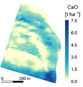 Map of lime requirement at the site Komturei Lietzen: Dark blue areas indicate an increased, yellow areas no lime demand (Copyright: Vogel/ATB) 