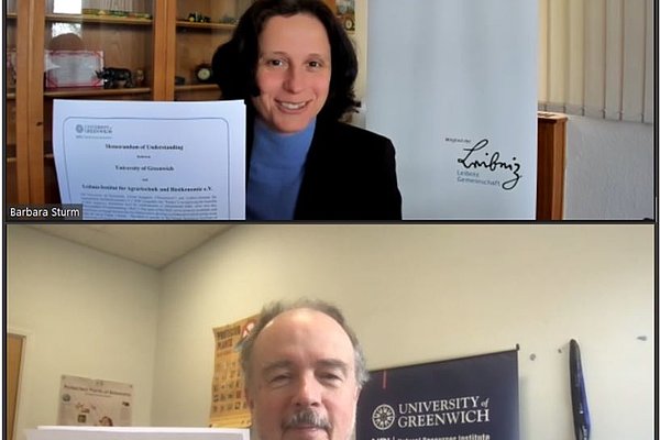 Unterzeichnung im Online-Format: Prof. Dr. Barbara Sturm (ATB) und Prof. Dr. Ben Bennet (NRI)  (Quelle: ATB)